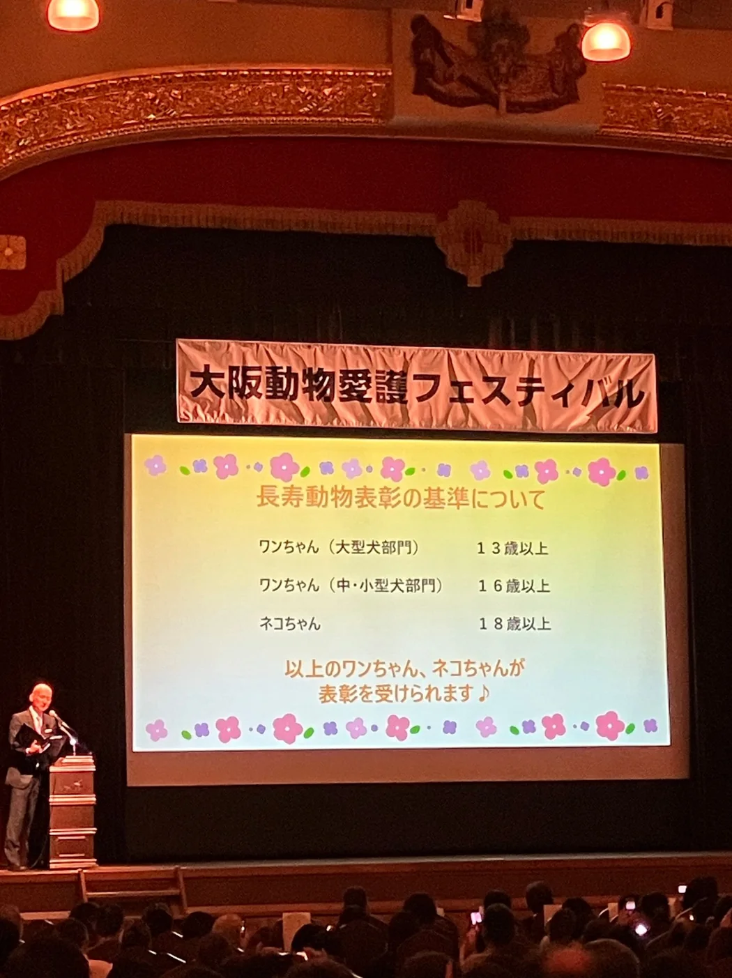 Screen at the Osaka Animal Welfare Festival showing the criteria for longevity awards: large dogs 13 years and older, medium and small dogs 16 and older, cats 18 and older